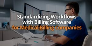 Medical billing professional looking at multiple screens