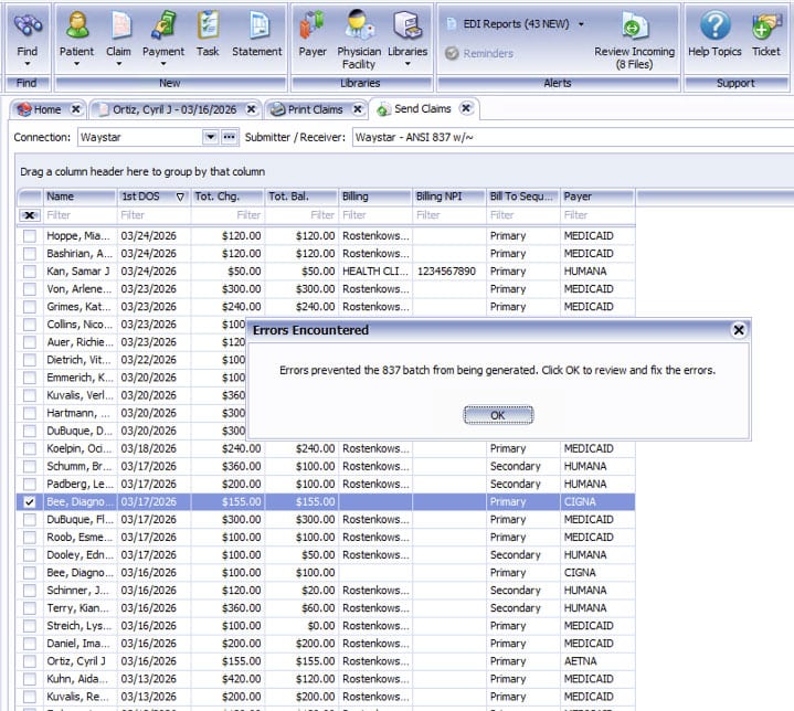 EZClaim electronic claim submission screenshot